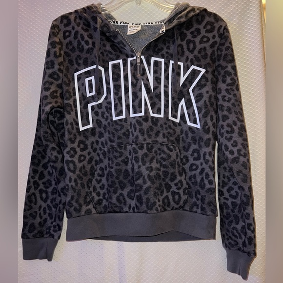 PINK Victoria's Secret Tops - PINK Cheetah Quarter Zip Hoodie-Size Extra Small-Black/Gray